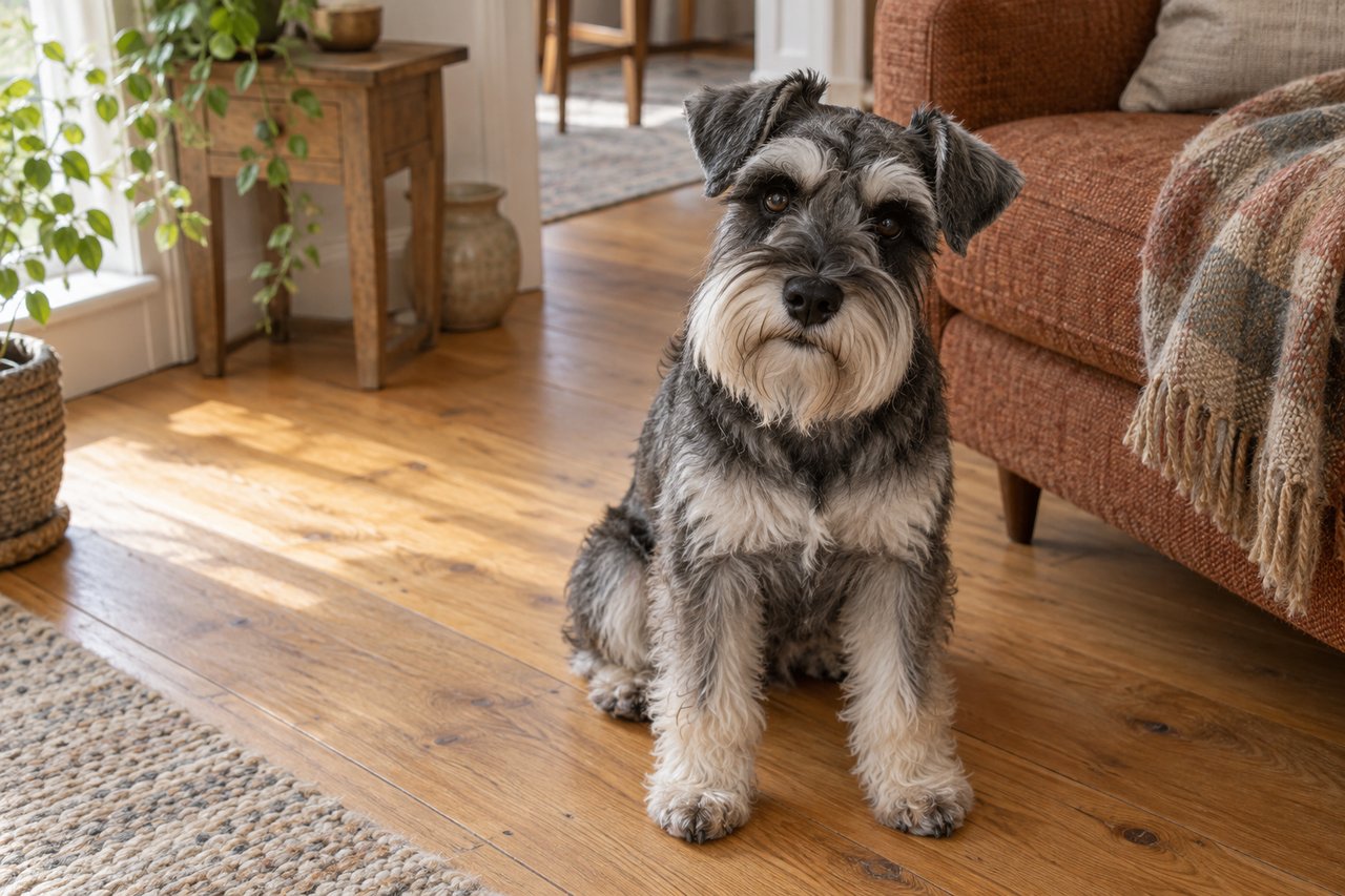 A salt-and-pepper miniature schnauzer with a full beard sitting beside a russet armchair