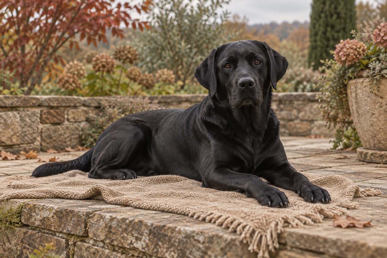 A black Labrador resting on a tan blanket on a stone terrace in a softly lit autumn garden