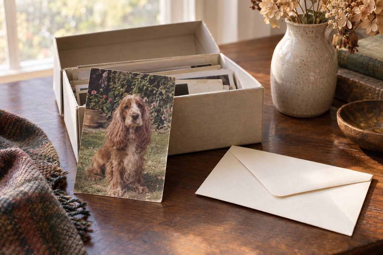 An old printed photograph of a chestnut spaniel beside a photo box and cream envelope