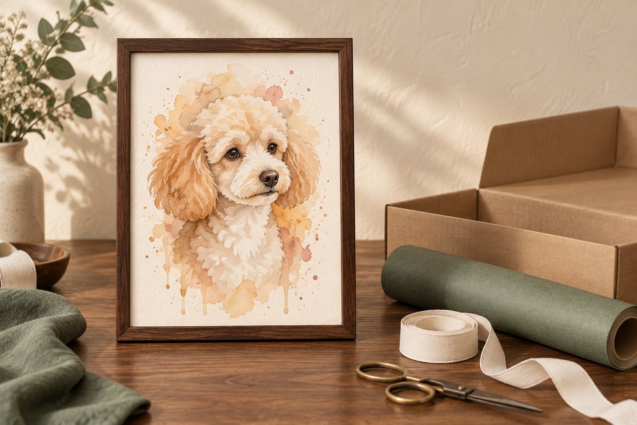 A framed watercolor portrait of a cream and apricot poodle beside a box, green wrapping paper and ivory ribbon