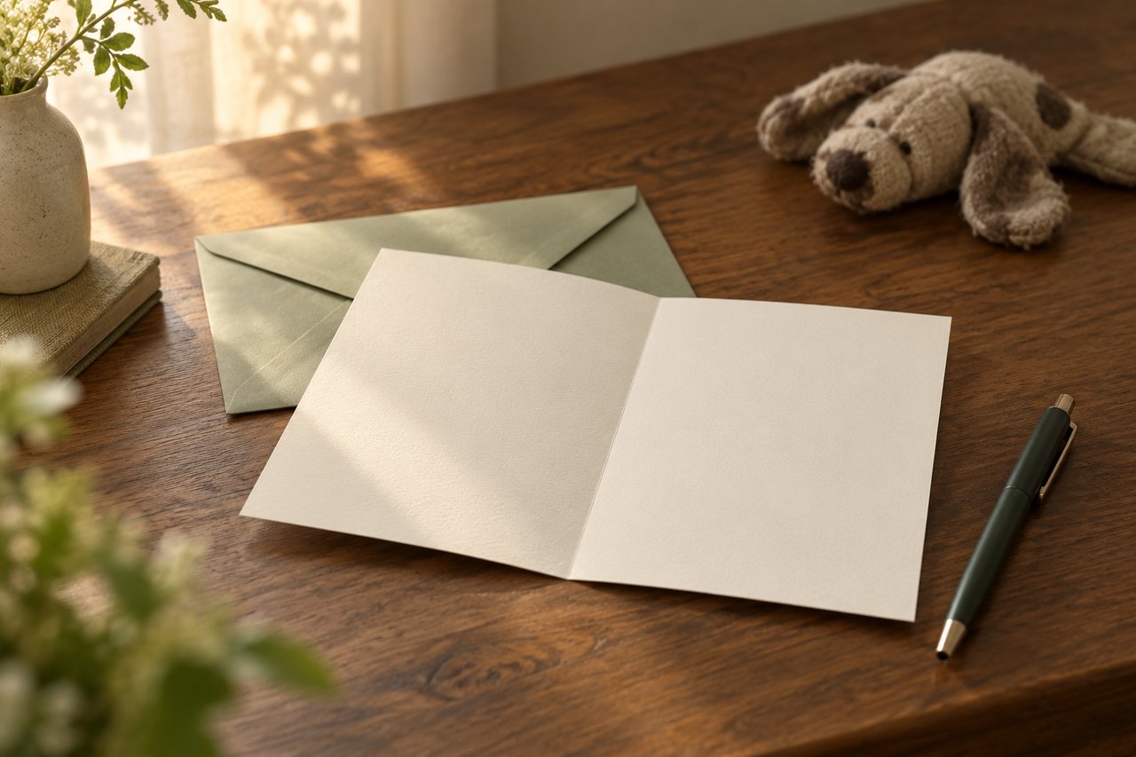 A blank ivory card and sage envelope on a wooden desk beside a dark pen and a soft toy dog