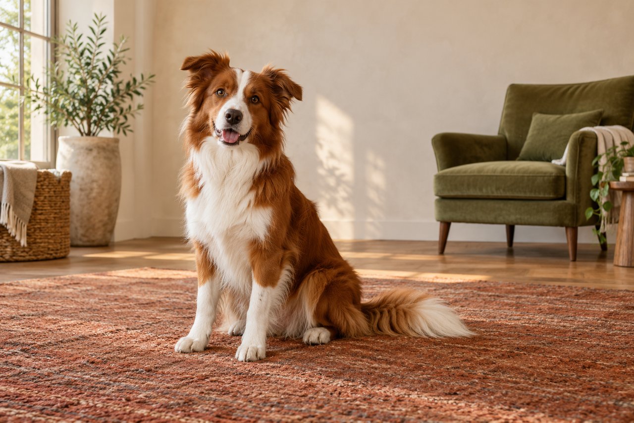 A red-and-white border collie sitting on a rust rug beside an olive armchair, with its paws and tail visible