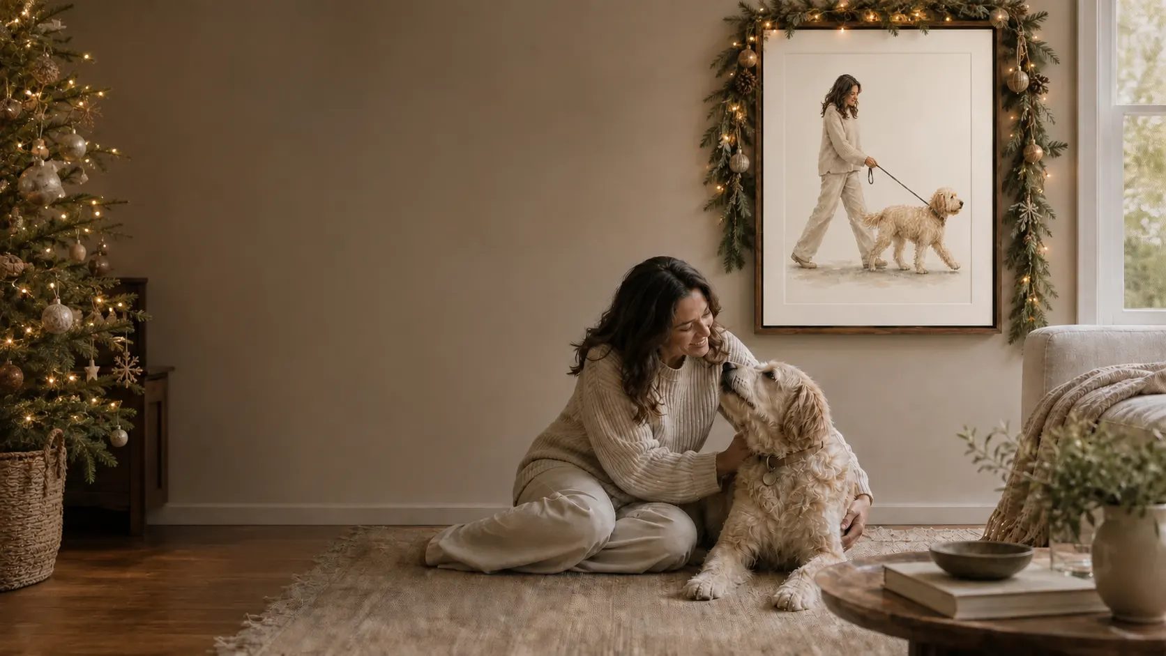 A woman with her dog beneath a custom portrait in their Christmas-decorated home