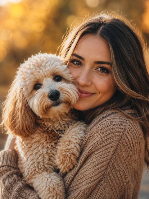 An owner and her dog photographed together in autumn light
