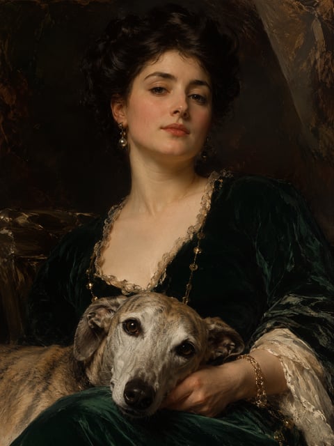 A woman and her greyhound painted as a classical oil portrait