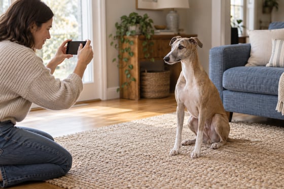 A woman holding a phone horizontally toward a fawn whippet sitting on a rug beside a blue sofa