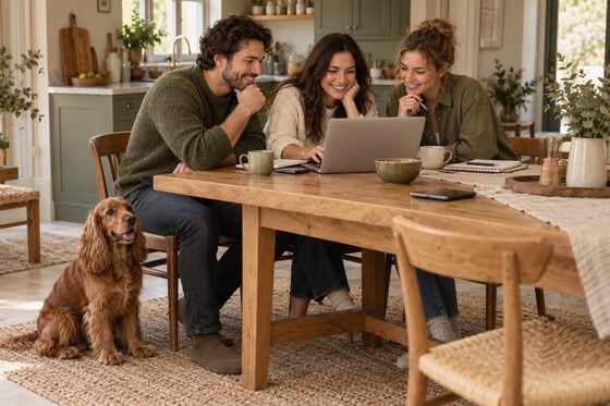 Three adults gathered around a laptop at a kitchen table with a reddish-brown spaniel beside them