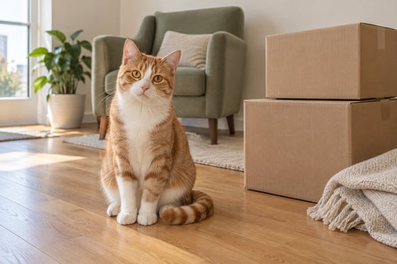 A ginger and white cat sitting beside plain moving boxes in a sunlit room with a sage armchair