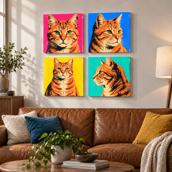 Pop Art photo tiles four-piece photo tile set displayed in a real room