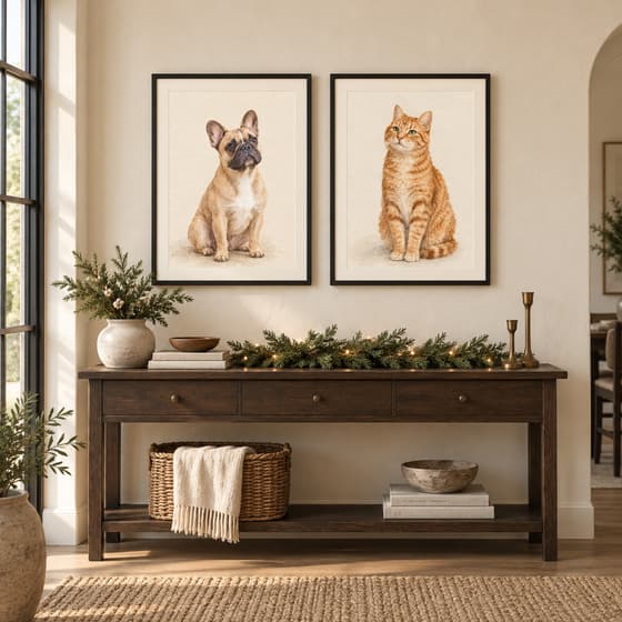 French Bulldog and cat Quiet Gallery portraits in walnut frames in a warm winter room