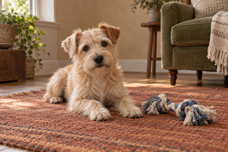 A scruffy wheaten terrier resting on a rust rug beside a blue and ivory rope toy