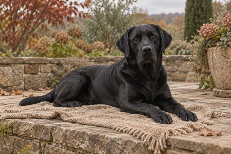 A black Labrador resting on a tan blanket on a stone terrace in a softly lit autumn garden