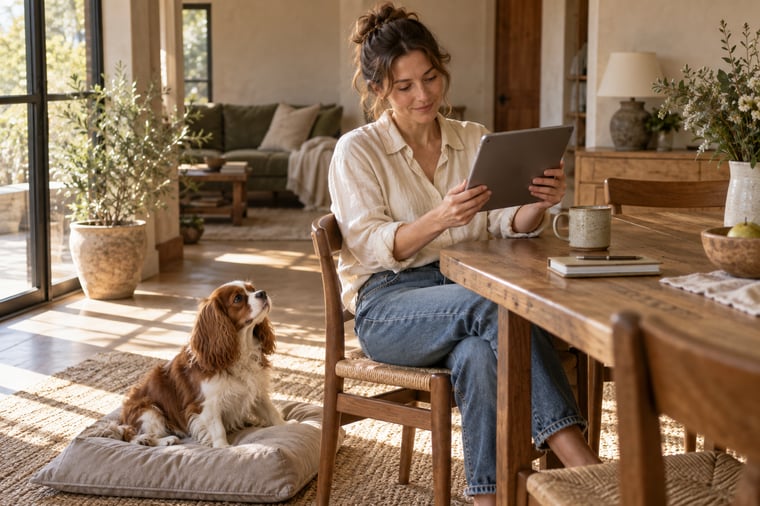 A woman reviewing a tablet at a wooden table with a chestnut-and-white spaniel beside her