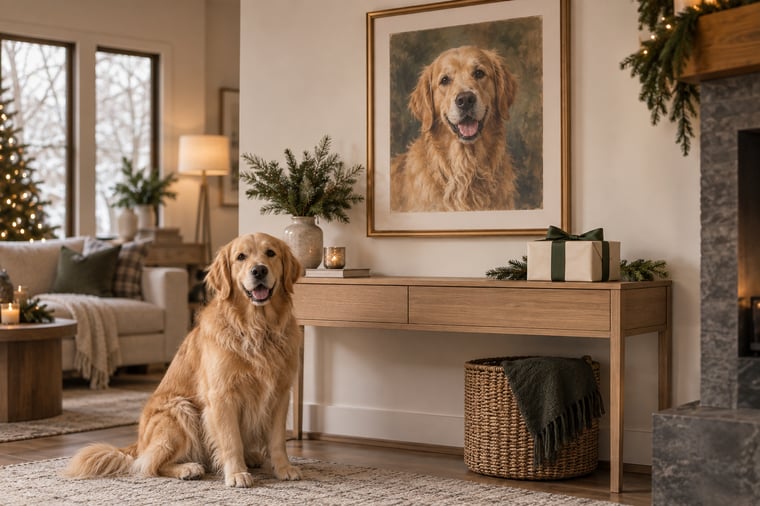 A golden retriever beside its framed portrait in a warm living room with a wrapped Christmas gift