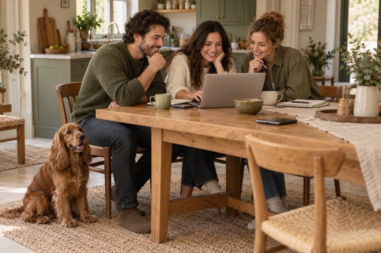 Three adults gathered around a laptop at a kitchen table with a reddish-brown spaniel beside them