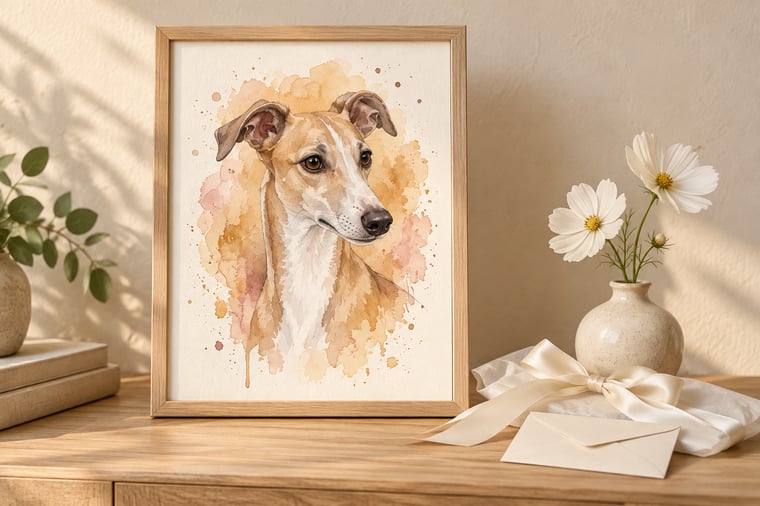 A vertical watercolor portrait of a fawn whippet in a wooden frame beside white flowers, an ivory ribbon and a blank envelope