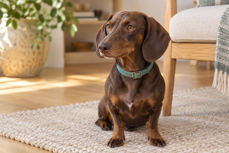 A chocolate and tan dachshund wearing a teal collar while sitting on an oatmeal rug