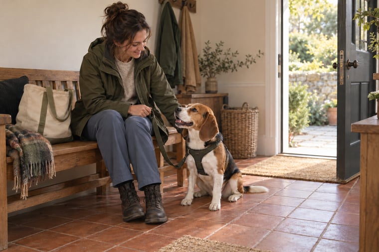 A woman sitting on an entryway bench beside a tricolor beagle after a walk