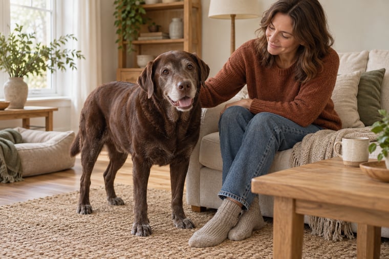 An older chocolate Labrador with a silver muzzle standing beside its seated owner in a warm living room