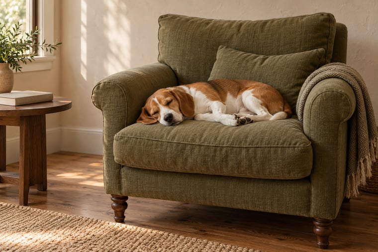 A chestnut-and-white beagle sleeping on an olive linen armchair beside a window