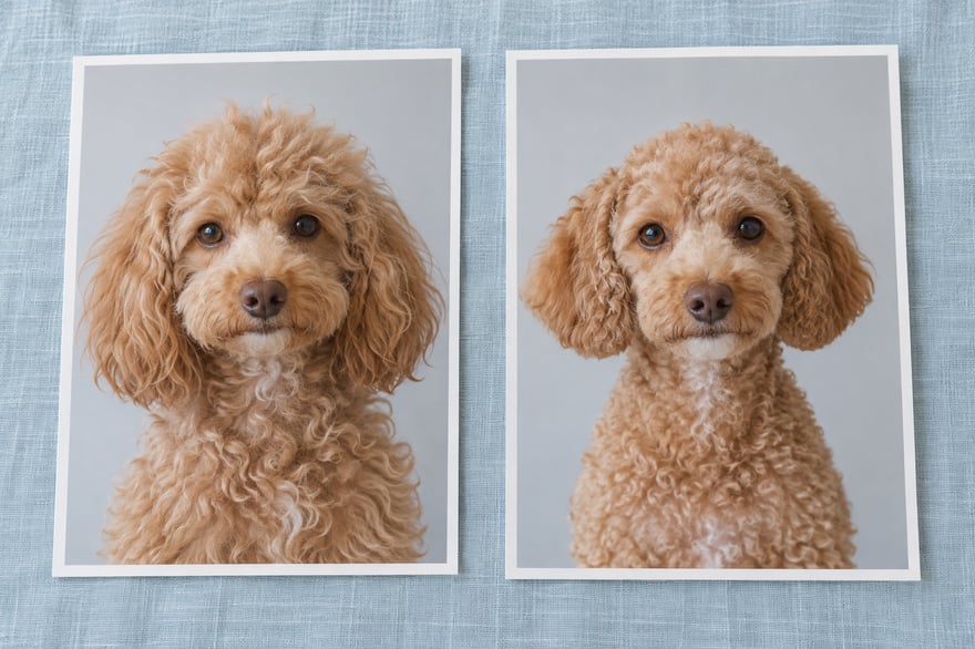 Two unframed photographs of the same apricot poodle, with a longer coat on the left and a shorter trim on the right