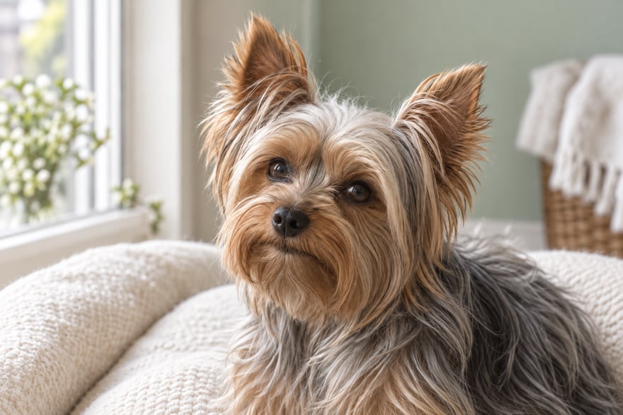 A Yorkshire terrier with long tan facial hair and a steel-grey coat, with both eyes and upright ears visible beside a window
