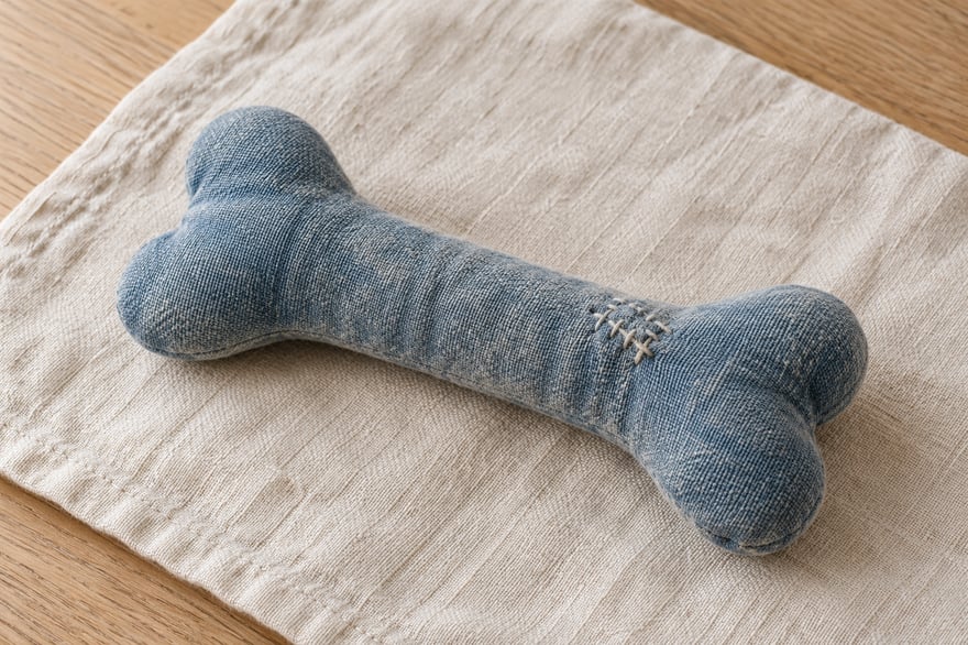 A faded blue fabric dog toy on a cream cloth, with a small stitched repair visible