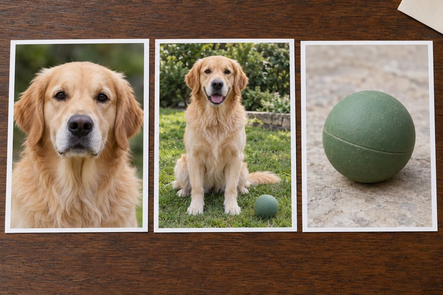 Three unframed reference photographs showing a golden retriever's face, the same dog beside a green ball, and the ball alone