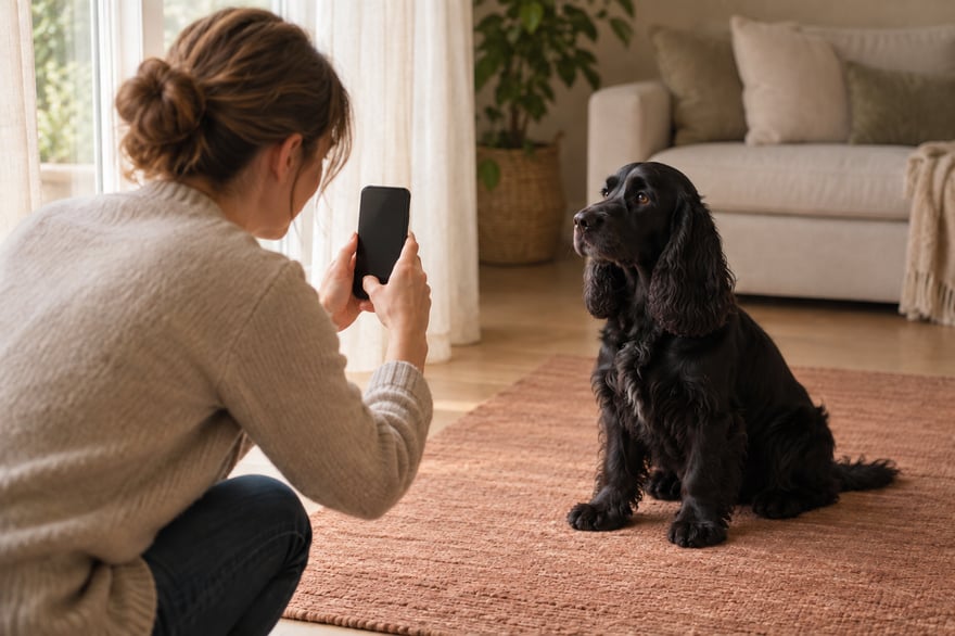 A woman holding a phone at a black spaniel's eye level beside a softly lit window