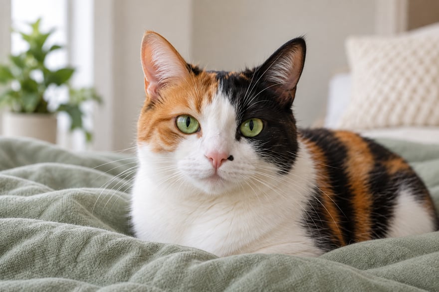 A calico cat with green eyes, an orange patch on one side of its face, a black patch on the other, and a small spot beside its nose