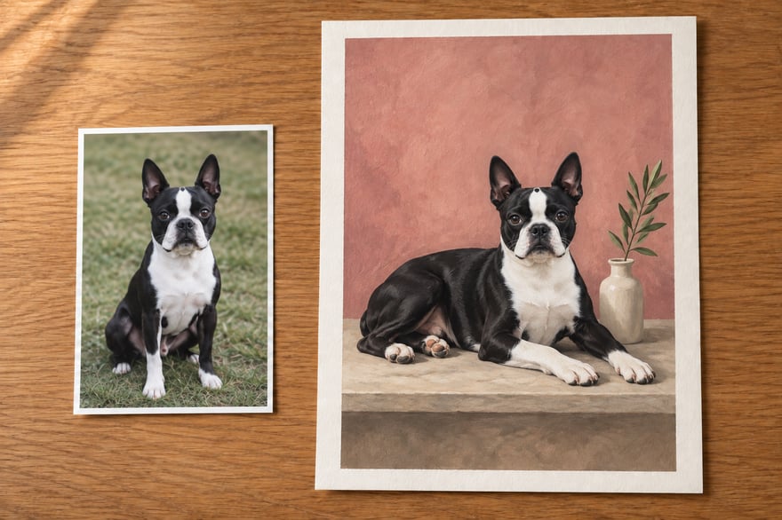 A photograph of a seated Boston terrier beside a vertical painted portrait of the same dog reclining against a dusty pink background