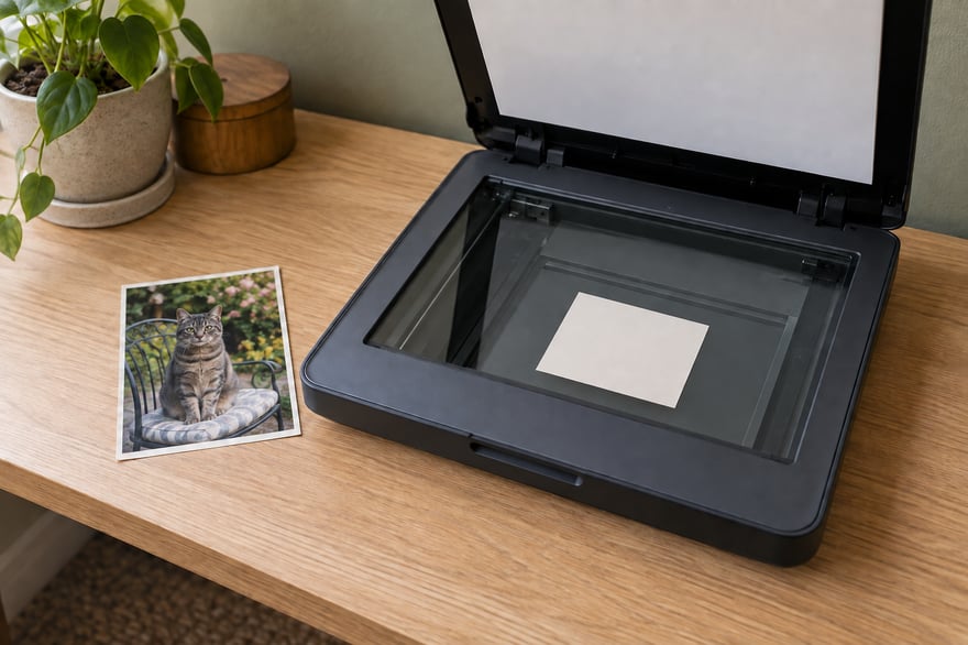 An open flatbed scanner with a photograph placed face down on the glass and a tabby cat snapshot beside it