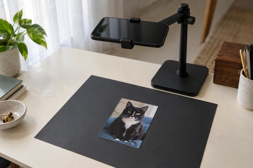 A smartphone held screen-up in a copy stand above a printed photograph of a black-and-white cat