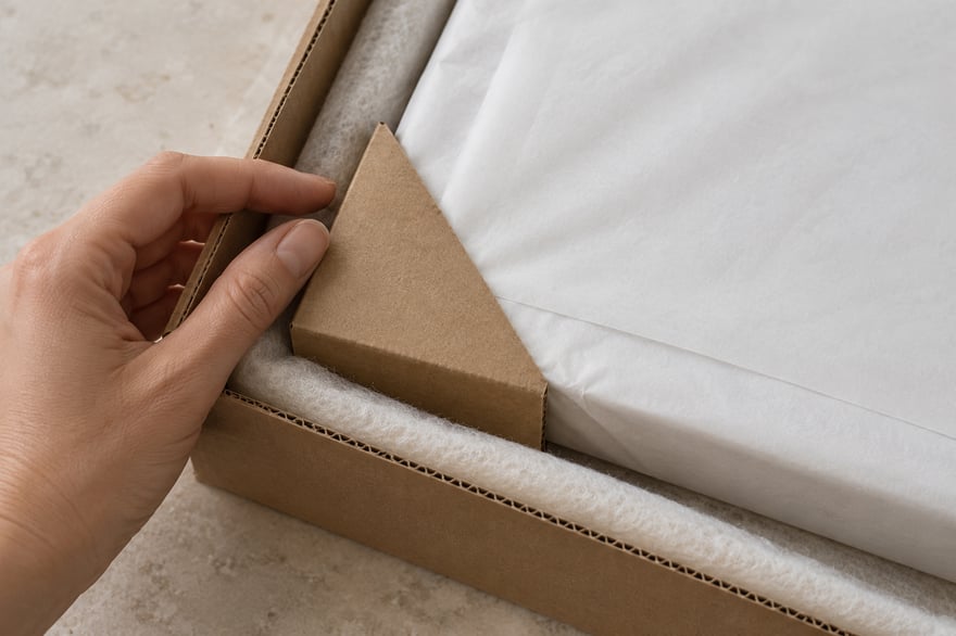 A hand checking a cardboard corner protector over a white protective sleeve inside a cushioned box