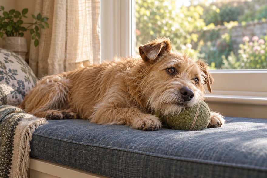 A scruffy tan terrier resting its chin on a green ball on a blue window bench