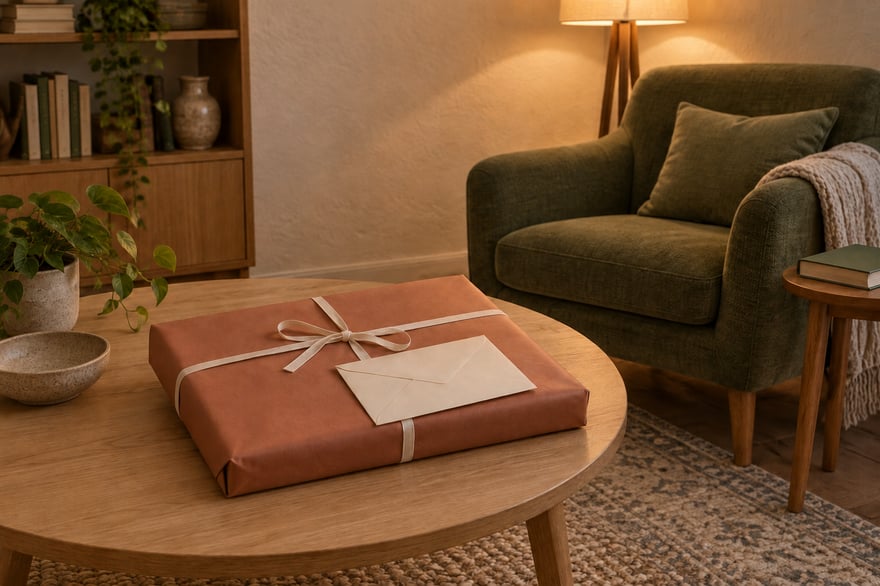 A terracotta-wrapped flat gift with a cream envelope on an oak table beside a green armchair