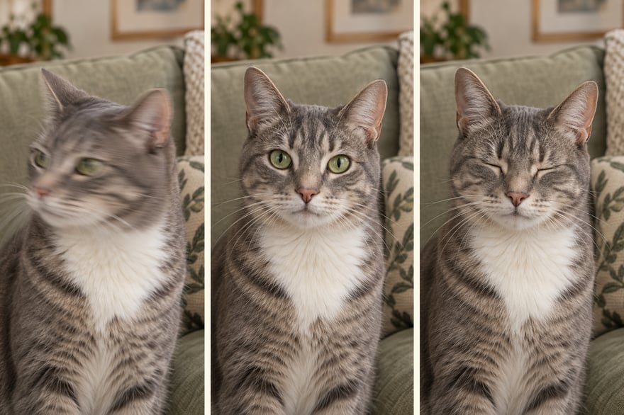 Three views of the same grey tabby cat: turning with motion blur, facing forward sharply, and blinking