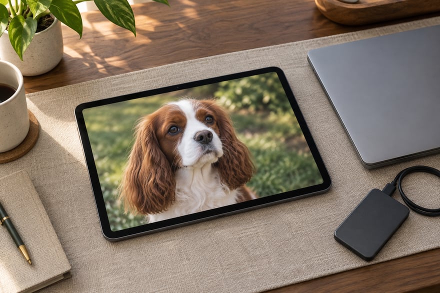 A tablet displaying a clear photograph of a chestnut and white spaniel beside a closed laptop and an external drive