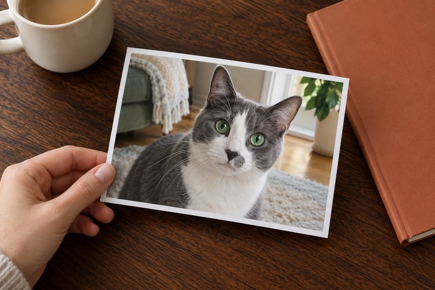 A hand holding an unframed photograph of a grey-and-white cat beside a terracotta notebook