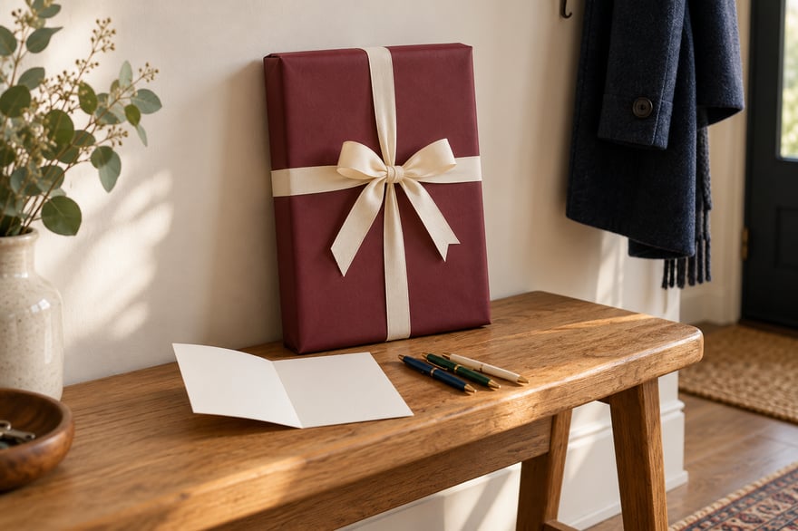 A burgundy wrapped gift with an ivory ribbon beside a blank card and three pens on an entryway bench