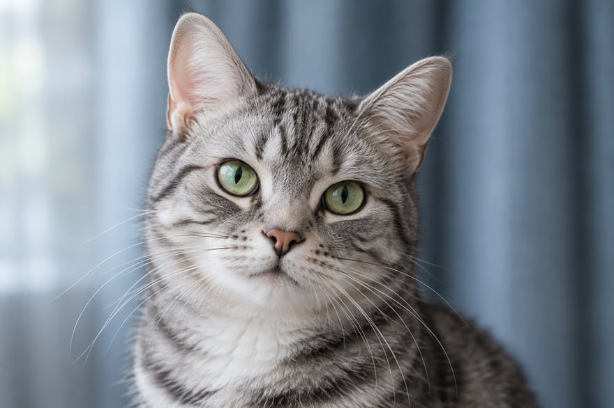 A silver tabby cat with green eyes and a white chin shown from the upper chest upward