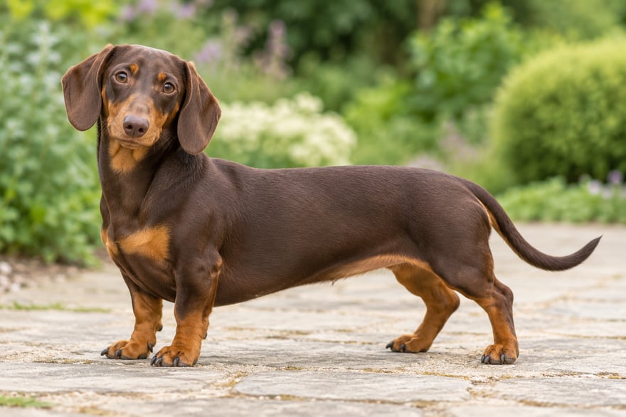 A chocolate-and-tan dachshund standing on a stone path with its long body, four paws and tail visible