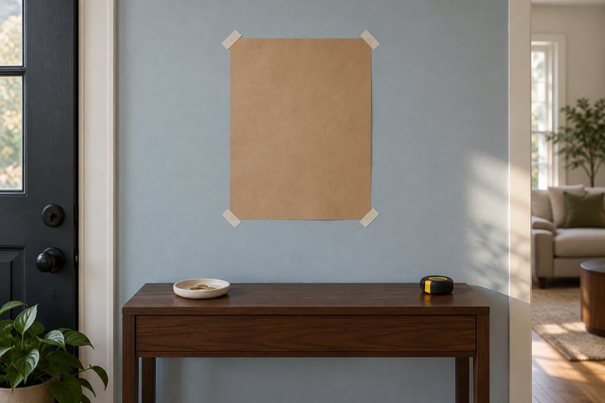 A blank vertical paper template taped above a walnut console, with a key dish and closed tape measure below