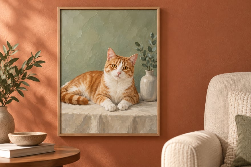 A vertical painterly portrait of a ginger and white cat reclining beside a ceramic vase, in a wood-colored frame on a terracotta wall