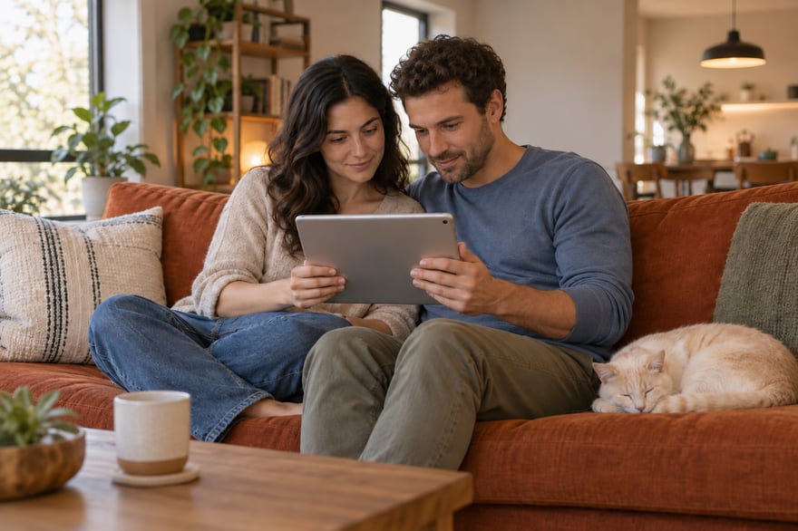 A couple looking at a tablet together on a rust-colored sofa with a sleeping cream cat beside them