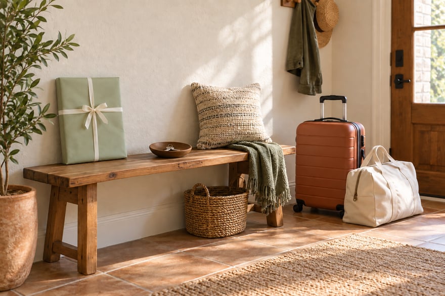 A sage-wrapped flat gift on an entryway bench beside keys, a terracotta suitcase and a cream travel bag