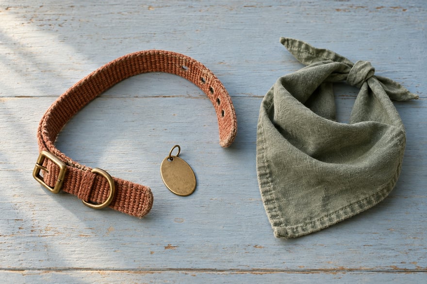 A terracotta dog collar, blank brass tag and sage bandana arranged on a pale blue tabletop