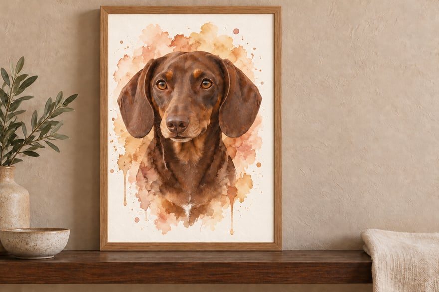 A vertical watercolor portrait of a chocolate and tan dachshund without a collar in an oak-colored frame