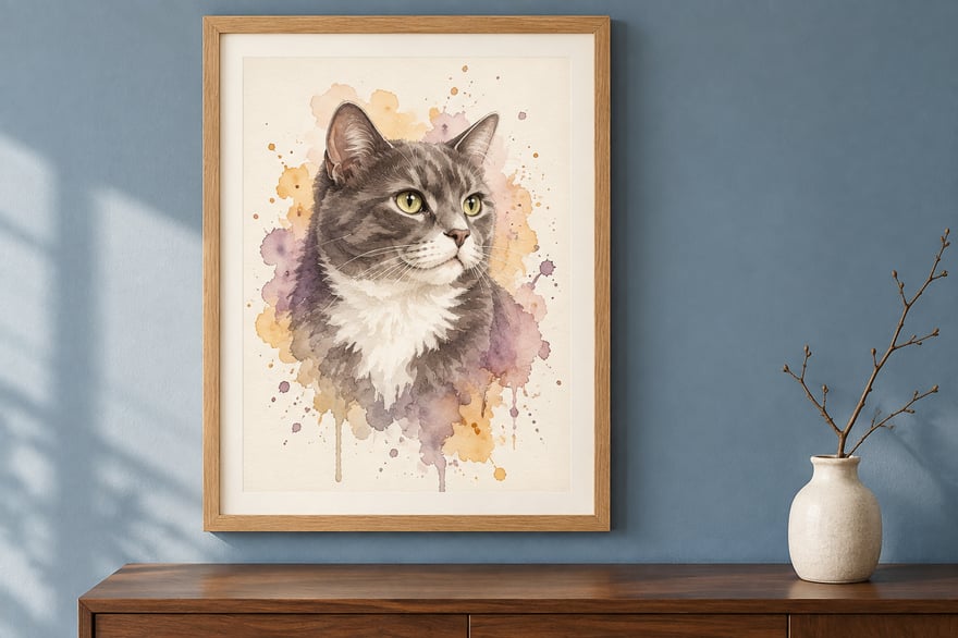 A vertical watercolor portrait of a gray and white cat in an oak-colored frame on a blue wall