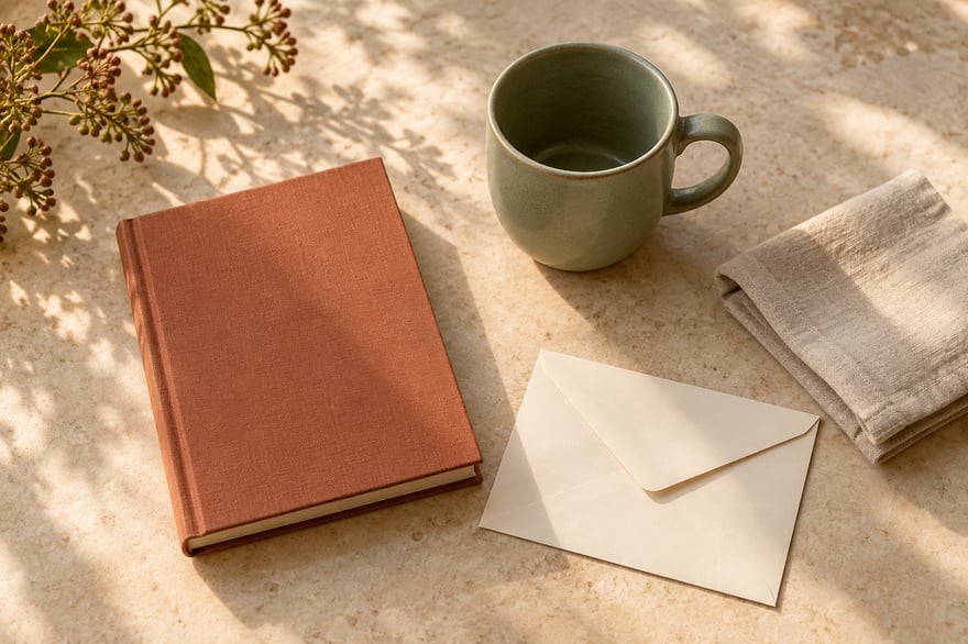 A plain terracotta book, sage ceramic mug, folded linen and cream envelope on a pale stone table